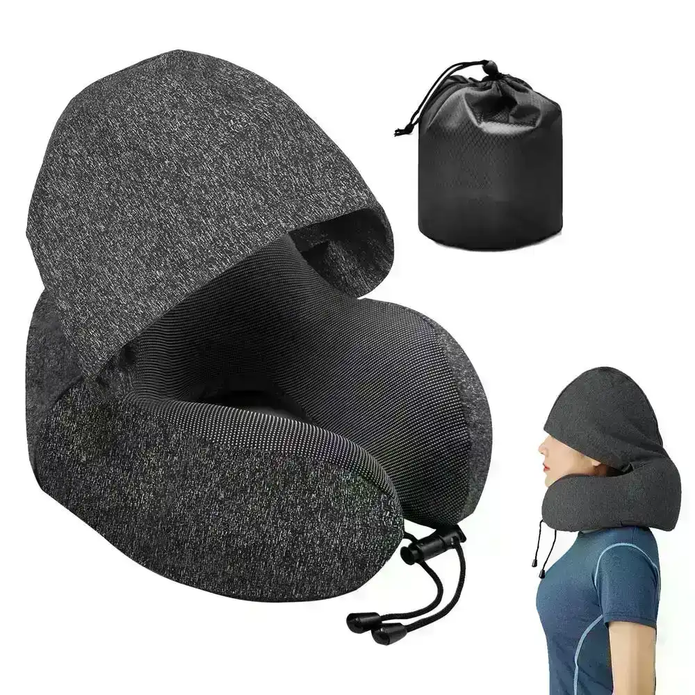 Travel U-Shaped Pillow Memory Foam Hooded Neck Pillow With Storage Bag