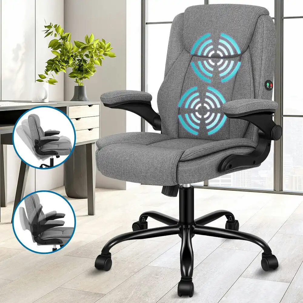 Alfordson Massage Office Chair Flip-up Aramrest Linen Fabric Grey