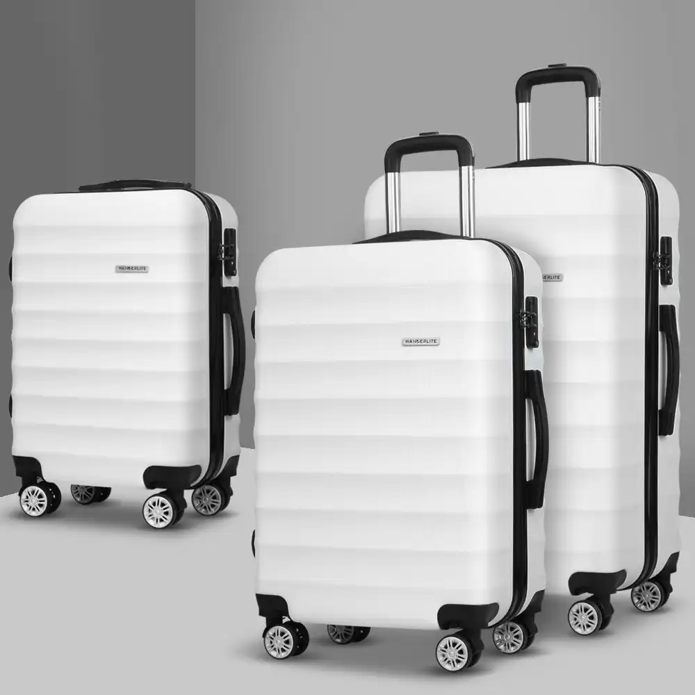 Wanderlite 3pcs Luggage Trolley Set Travel Suitcase Strap White
