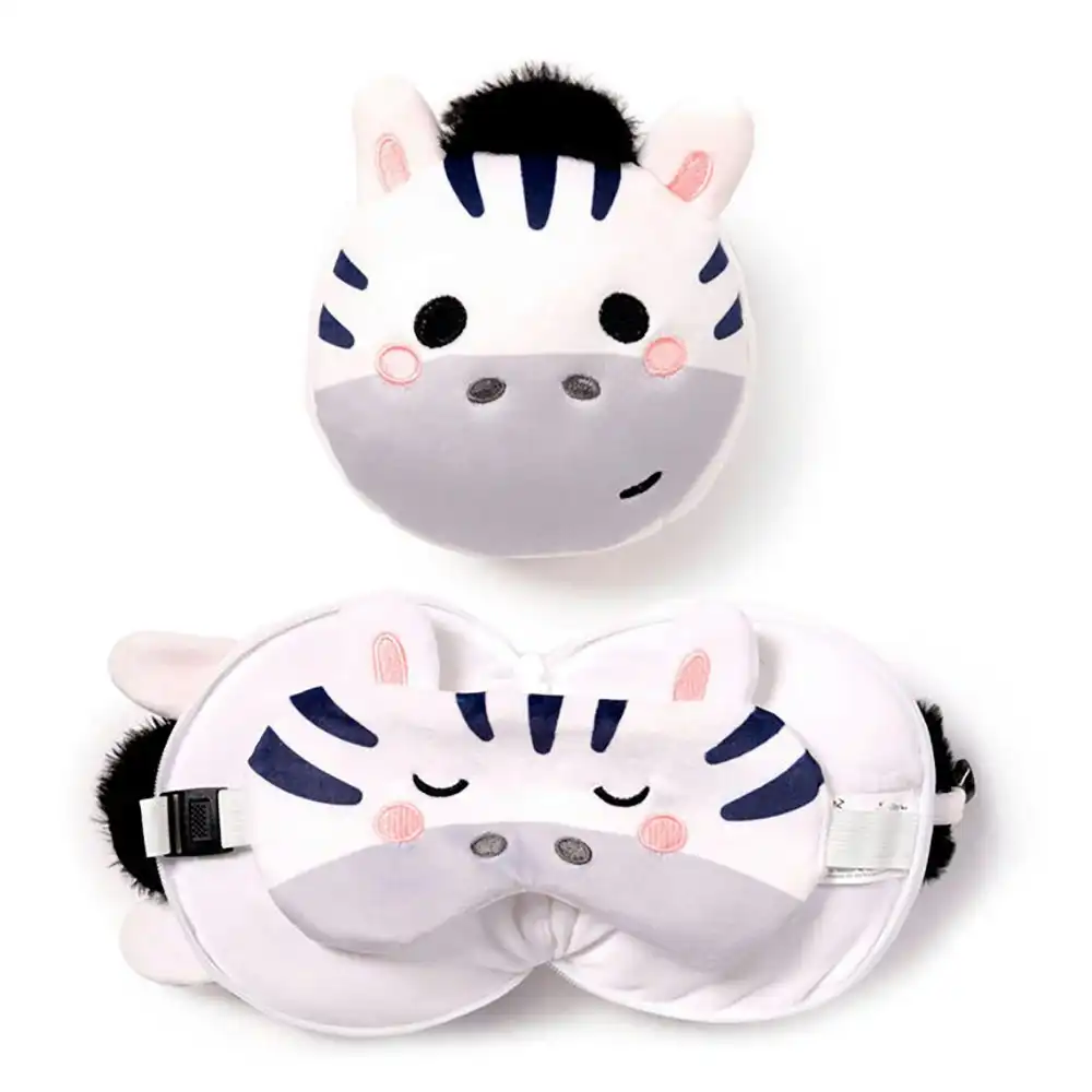 Relaxeazzz 15cm Zebra Travel Pillow w/ Eye Mask 6y+ Kids/Adults Cushion Plush