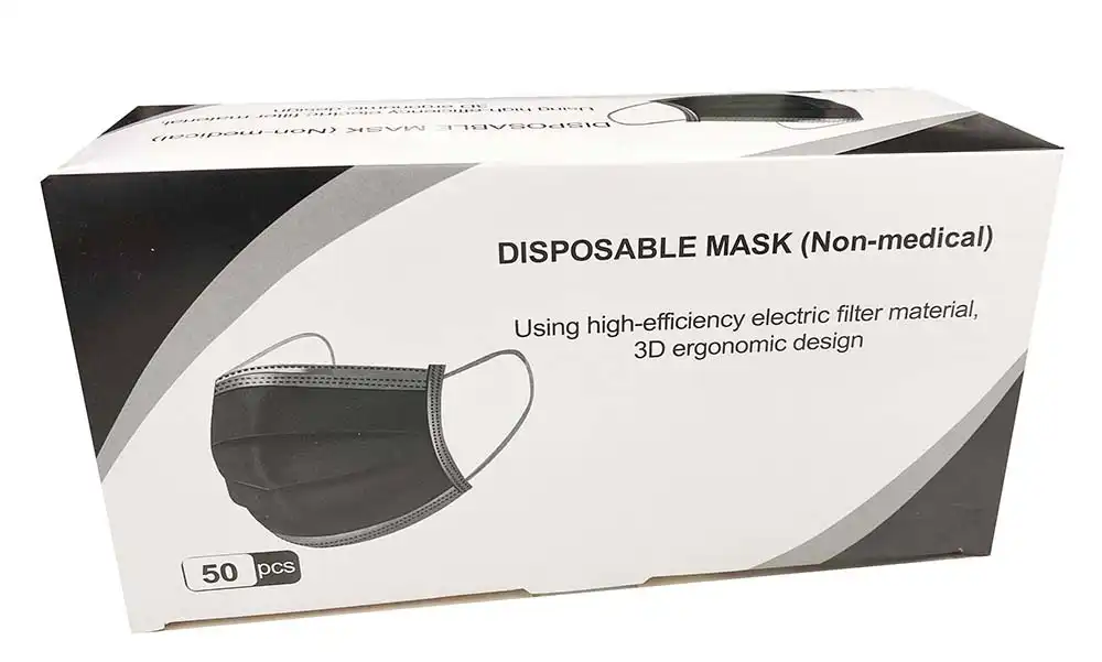 Face Mask Disp Elastic 3 ply Black Box 50