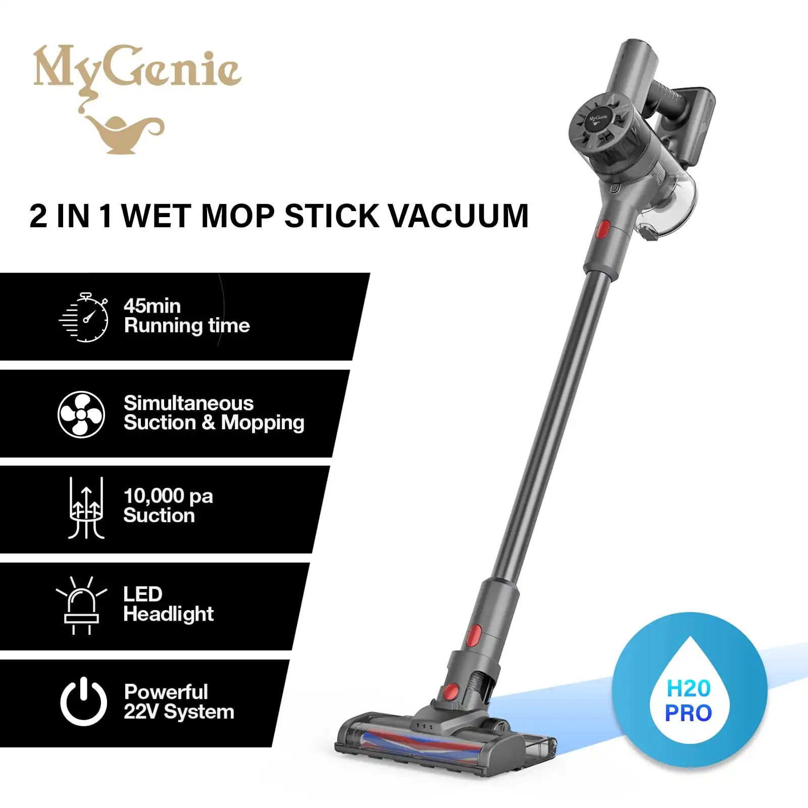 My Genie H20 Pro Wet Mop Stick Vacuum with Mop (Grey)