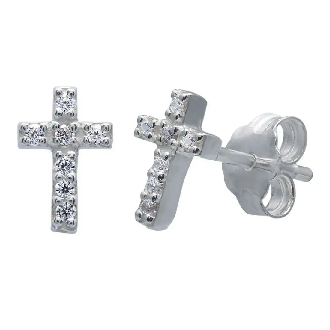 Mini Cross Cubic Zirconia Earrings in Sterling Silver