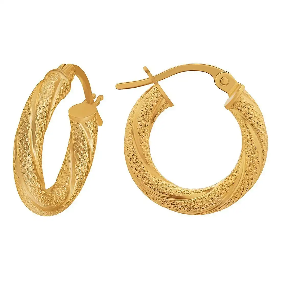 9ct Yellow Gold Patterned Twist Hoop Earrings 15mm
