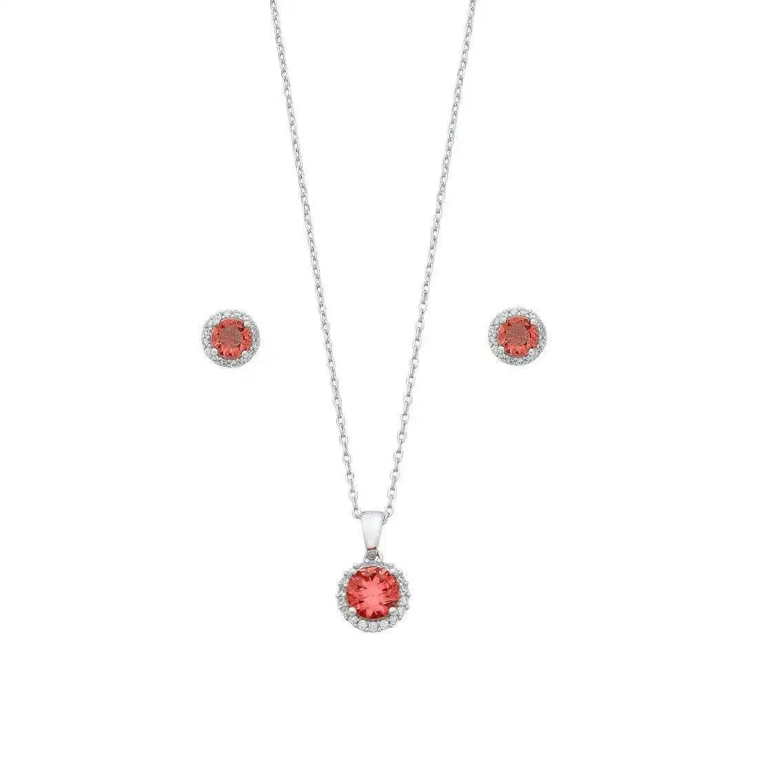 Red Cubic Zirconia Earring and Neklace Set in Sterling Silver