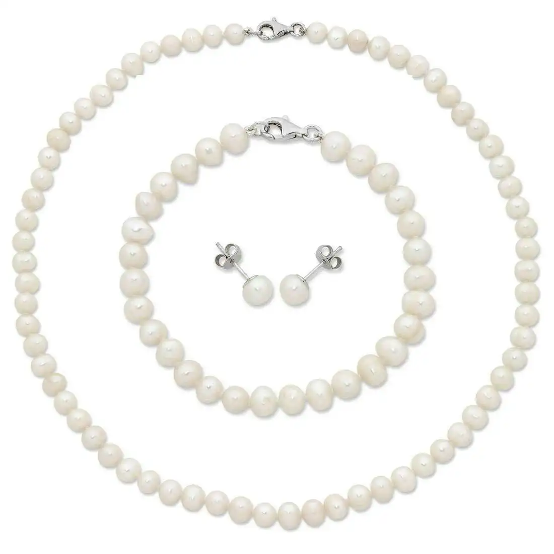 Sterling Silver White Freshwater Pearl Necklace, Bracelet and Earring Set