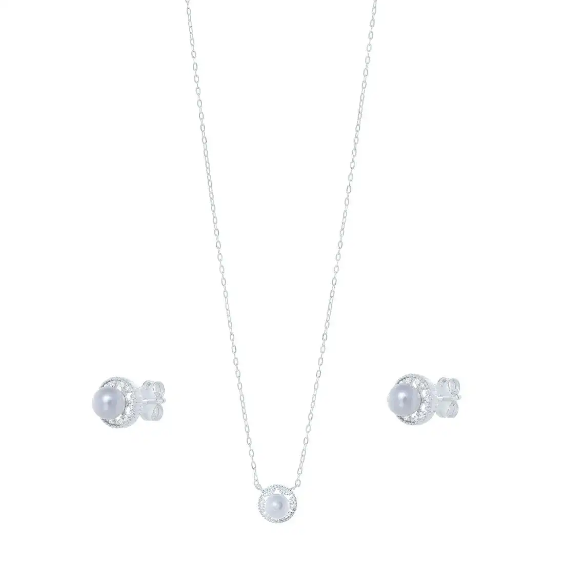 Synthetic Pearl Stud Earrings and Necklace With Cubic Zirconia Set in Sterling Silver