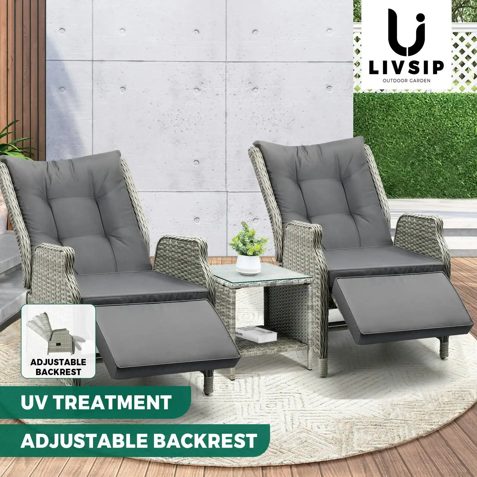 Livsip Outdoor Recliners Sun Lounger & Table Outdoor Patio Furniture Set of 3