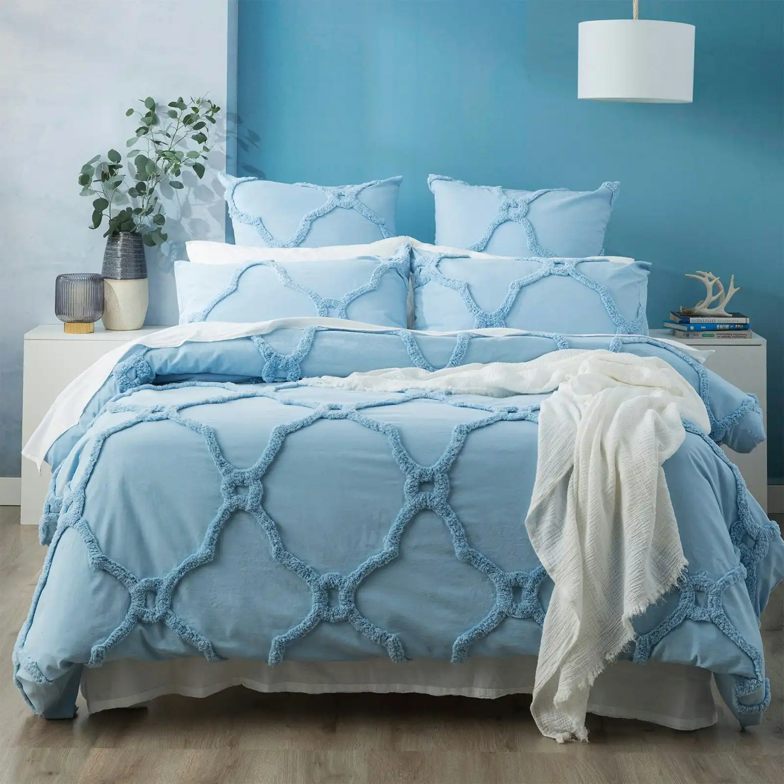 Moroccan Quilt Cover Tufted Cotton Chenille Set Sky