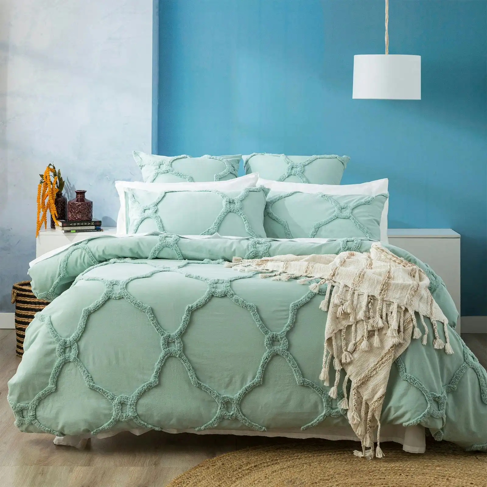 Moroccan Quilt Cover Tufted Cotton Chenille Set Sage