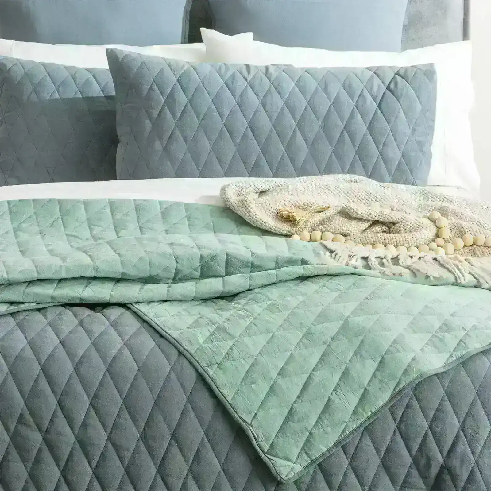 Coverlet Diamante Quilted Cotton Reversible Set Mineral