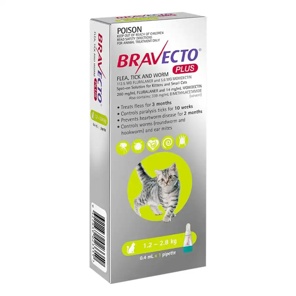 Bravecto Plus For Cats 1.2-2.8 Kg (Green) 2 Pipettes
