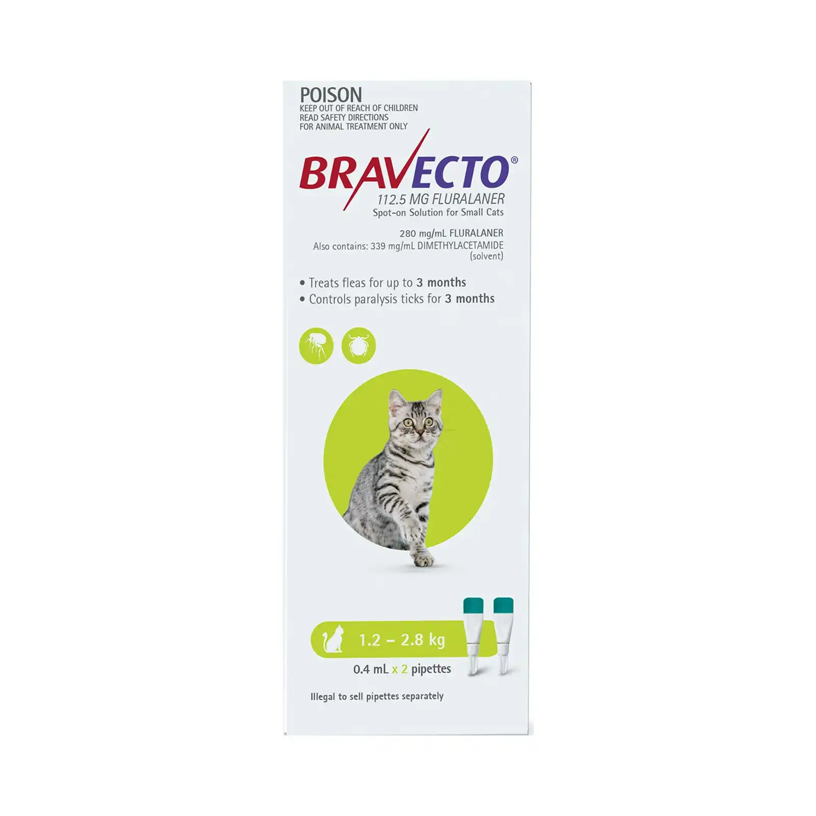 Bravecto Spot On For Cats 1.2-2.8 Kg (Light Green) 2 Pipettes