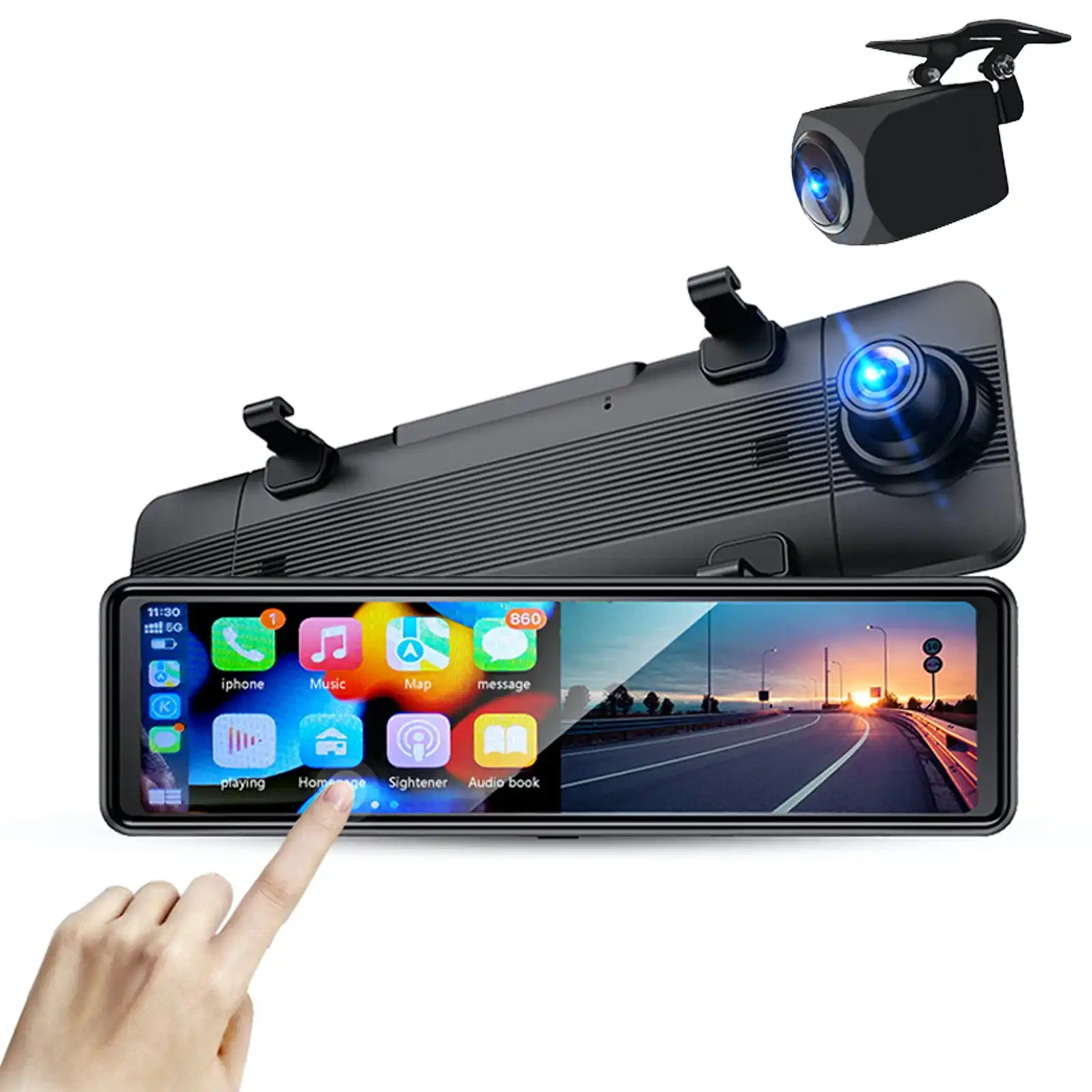 10.99" FHD Touch Screen Car DVR Crash Camera Recorder Bluetooth Sync WiFi GPS Rear Camera