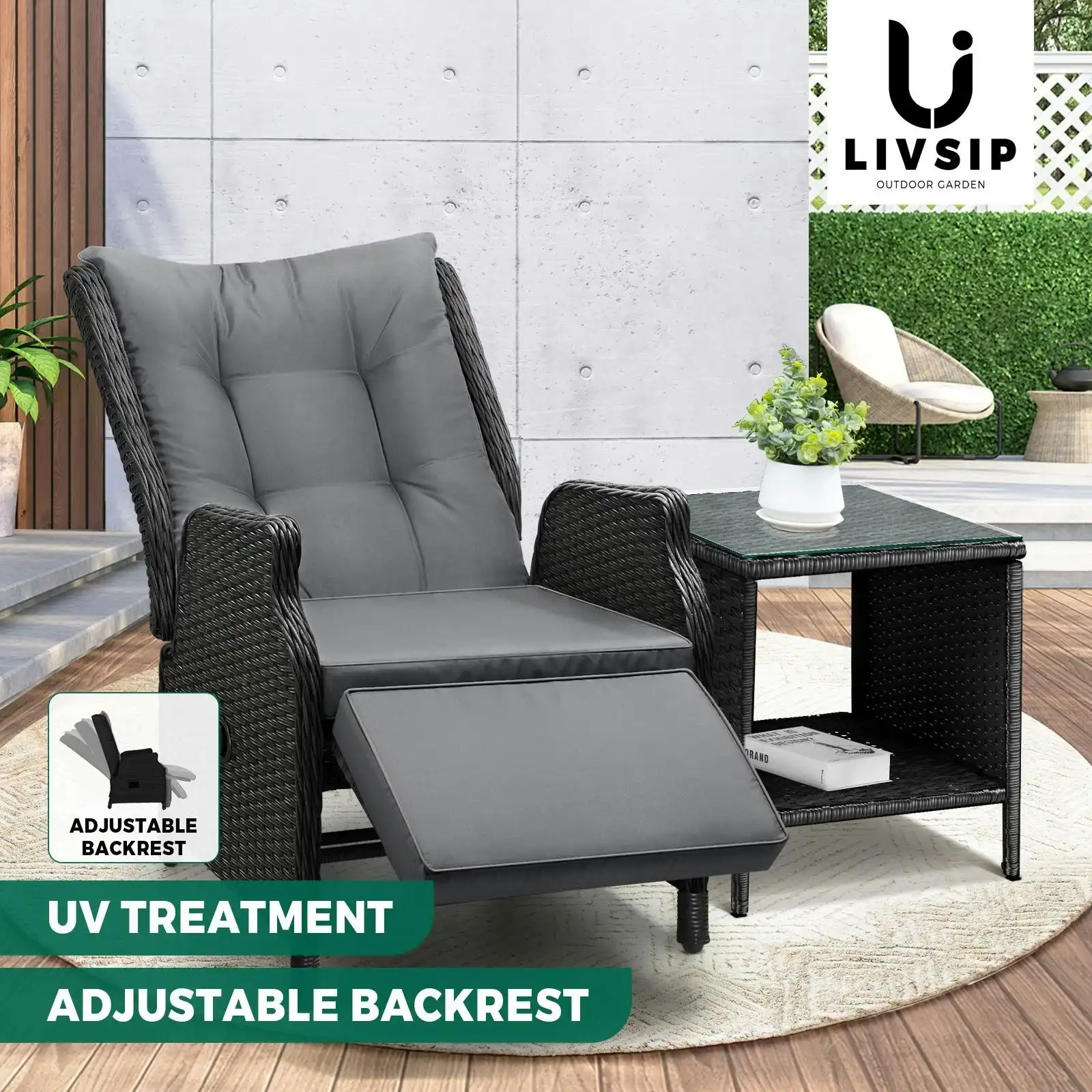 Livsip Outoodr Recliner Chair & Table Sun Lounge Outdoor Furniture Patio Setting