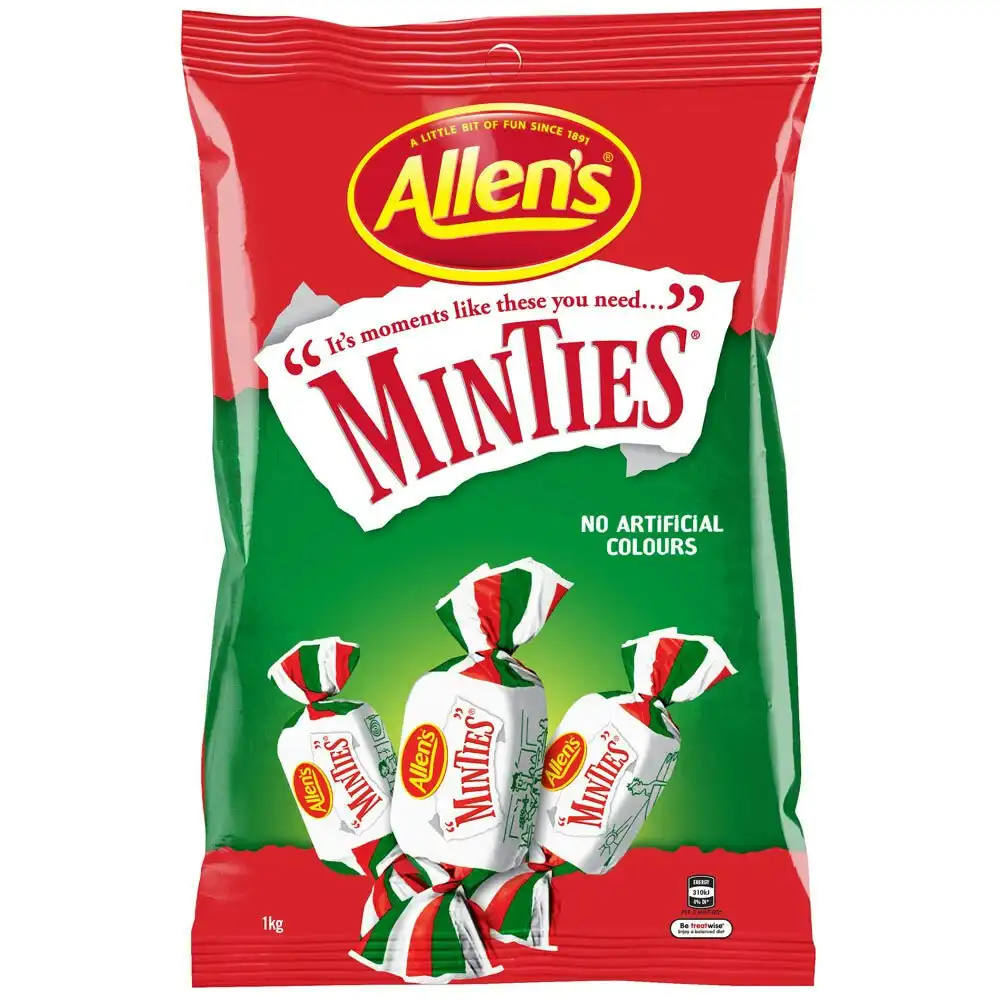 Allen's 1kg Minties Peppermint Flavoured Chewy Soft Candy/Lolly Snack Pack Bag