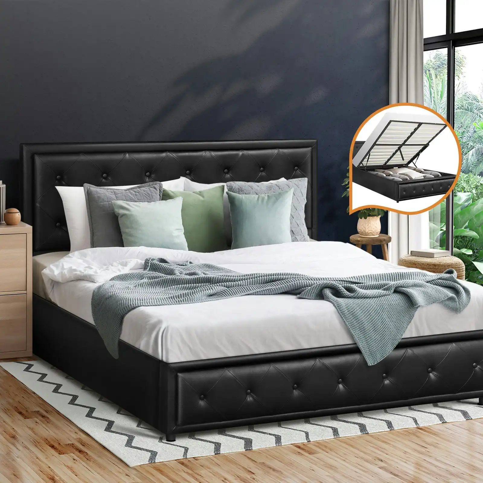 Oikiture Bed Frame Queen Size Gas Lift Base With Storage Black Leather