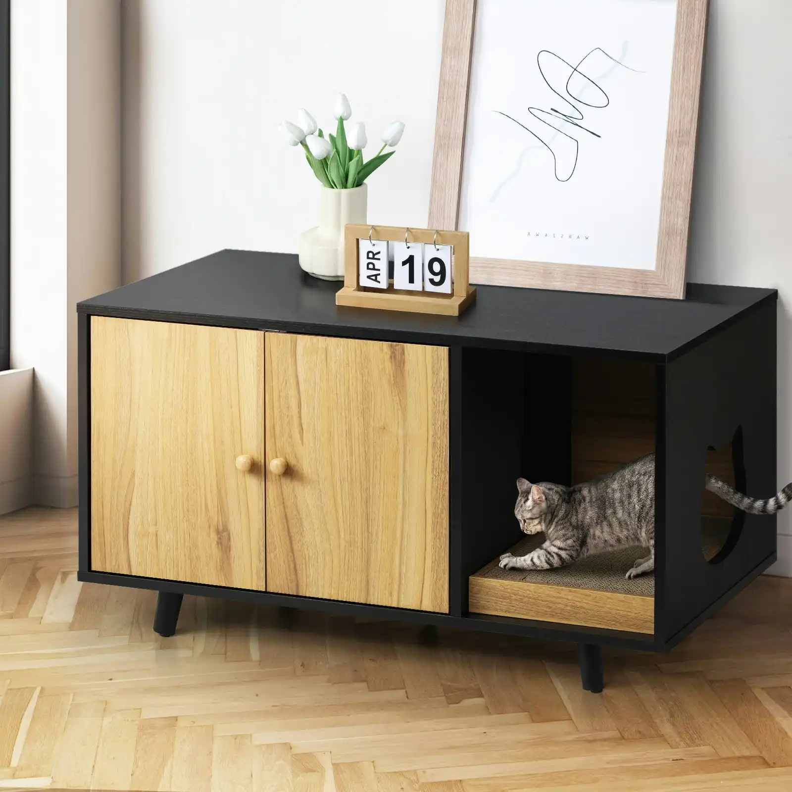 Alopet Cat Litter Box Enclosure Wooden Side Table Storage Cabinet W/ Scratcher