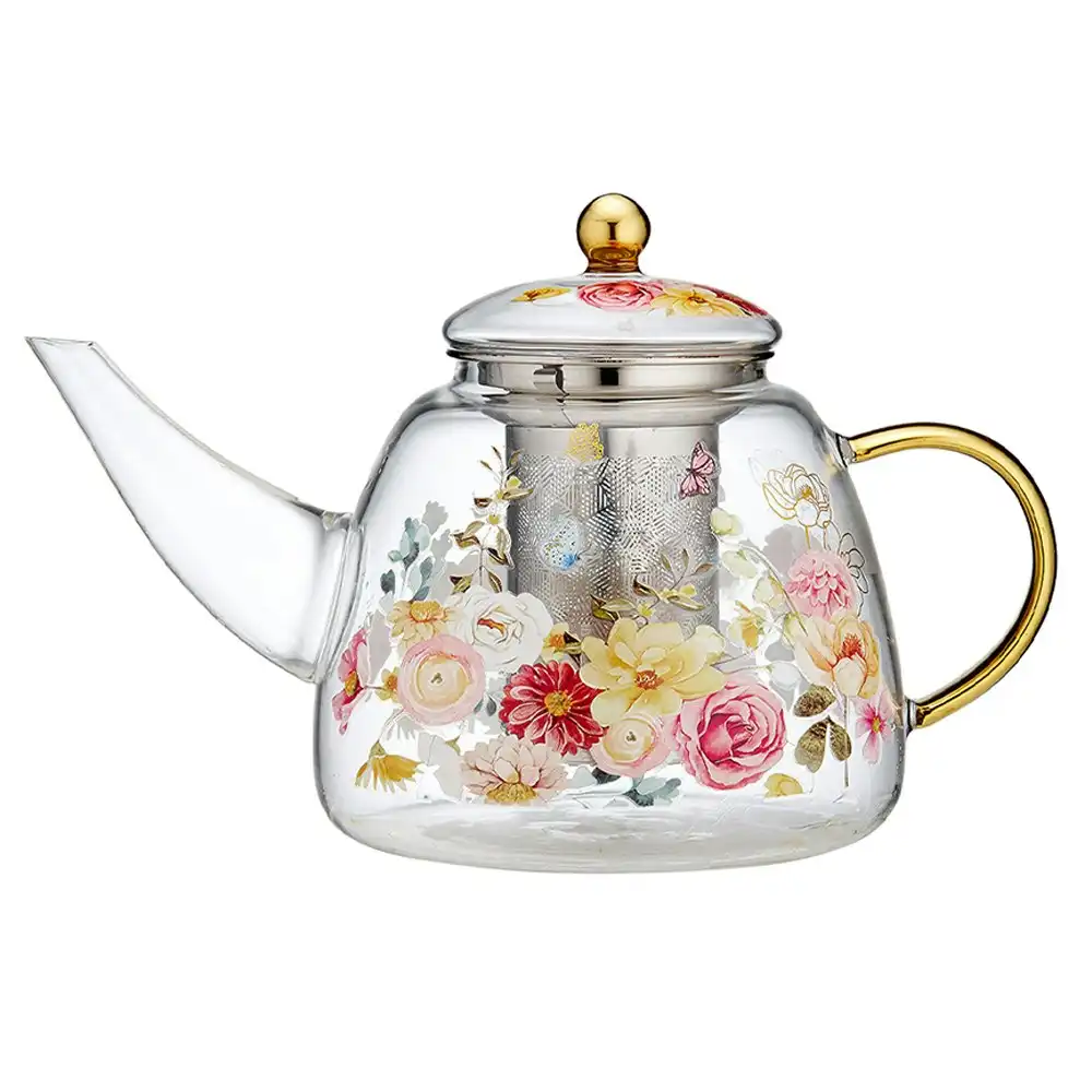 Ashdene Springtime Soiree 1.3L Metallic Infuser Glass Brewing Handle Teapot 24cm