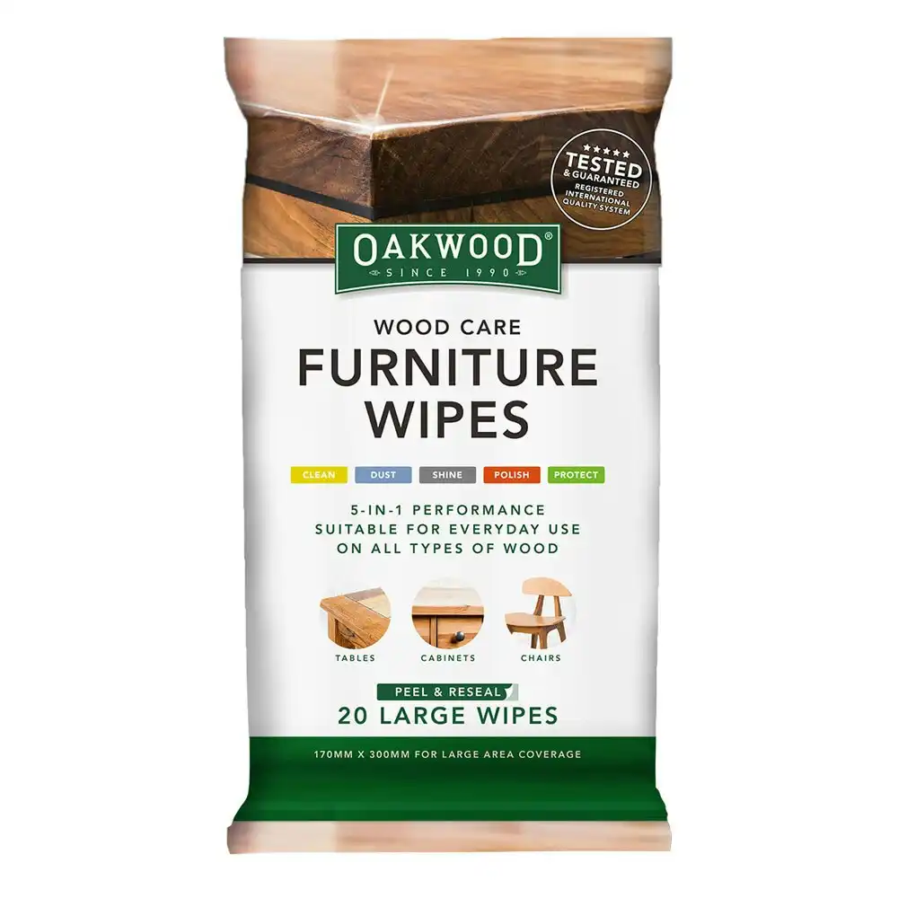 4x 20pc Oakwood Large Wood Care Furniture Wipes 170mmx300mm Natural Wood Cabinet