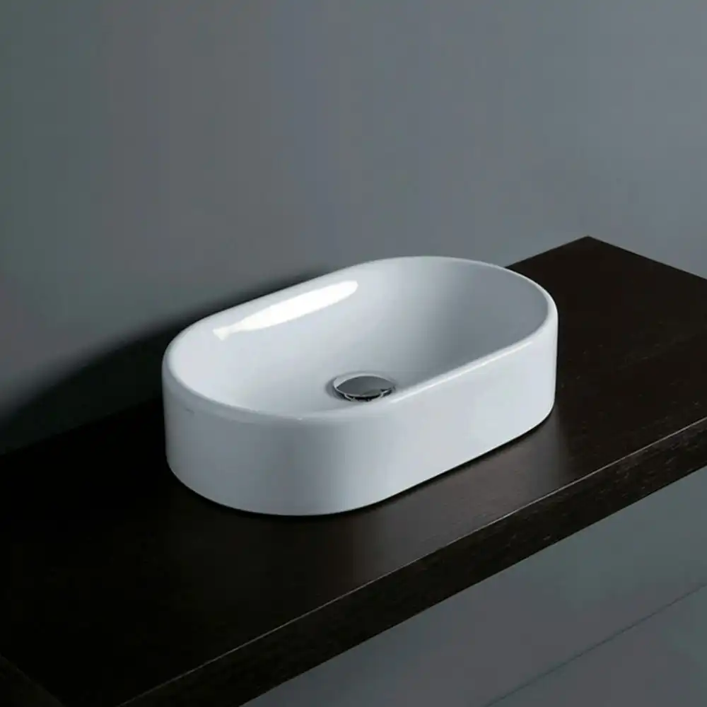 Simas FL13 Flow Ovale Ceramic Counter-Top Wash-Basin No Tap Hole Gloss White
