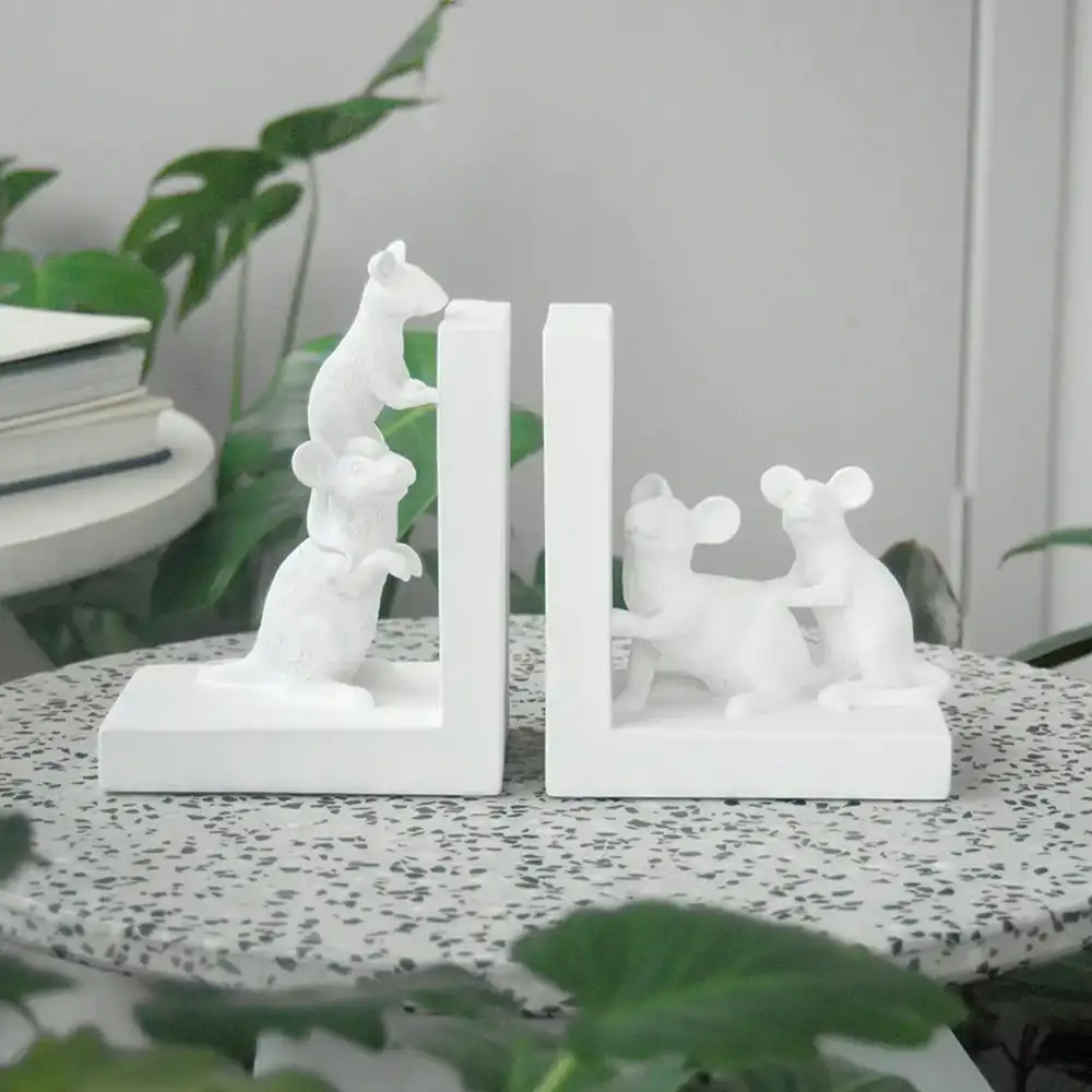 2pc White Moose 26x15cm Resin Mouse Bookend Set Home/Office Book Holder White