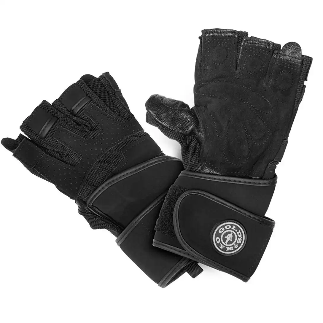 Gold's Gym S/M Leather/Suede Training Gloves/Weight Lifting Fitness Workout BLK