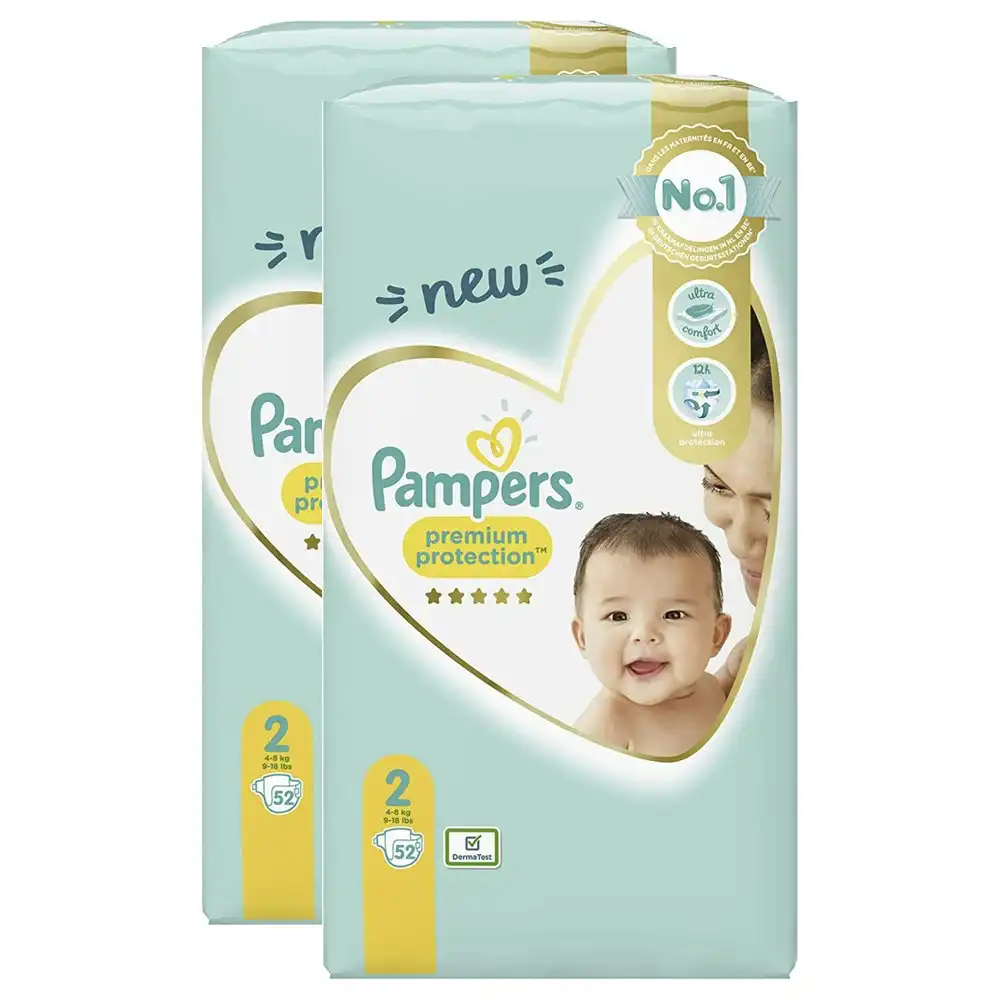 2x 52pc Pampers Premium Protection Baby Nappies Unisex Diapers Size 2 4-8kg
