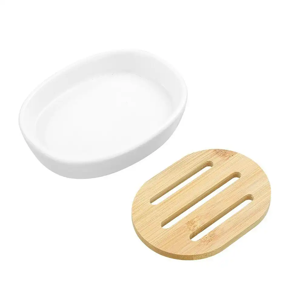 3x Boxsweden Bano 12.5x9.5cm Ceramic Soap Dish Drain Holder w/ Bamboo Base White