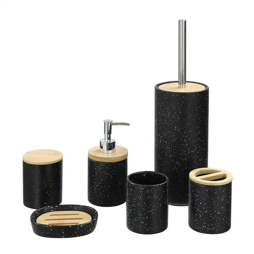 3x Boxsweden Bano 8x16cm Bathroom Ceramic Soap Dispenser Bamboo Top BLK Speckle