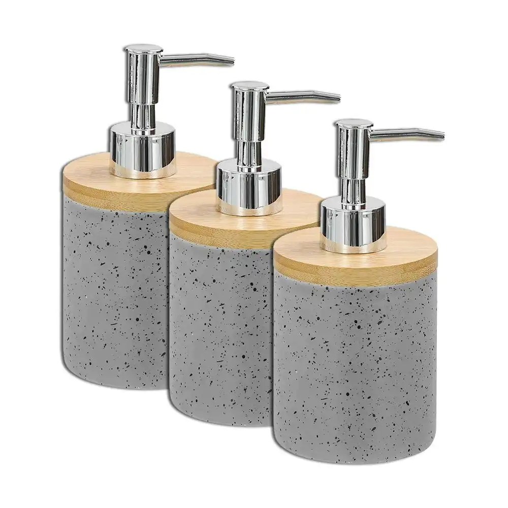3x Boxsweden Bano 8x16cm Bathroom Ceramic Soap Dispenser w/Bamboo Top GR Speckle