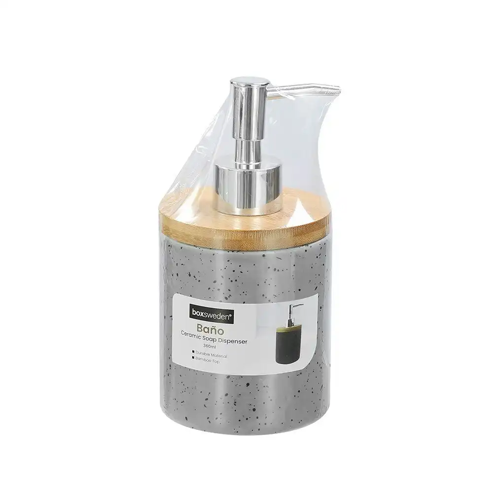 3x Boxsweden Bano 8x16cm Bathroom Ceramic Soap Dispenser w/Bamboo Top GR Speckle