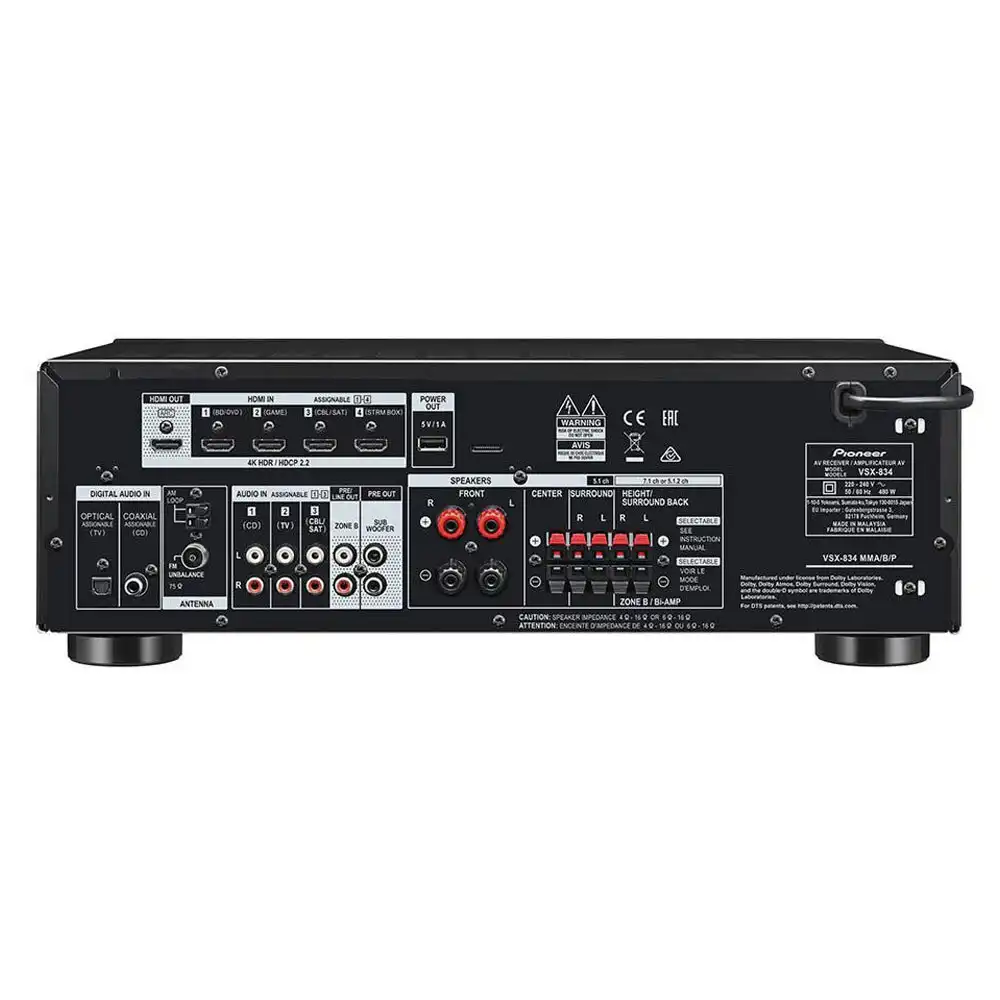 Pioneer VSX834 7.2 CH 490W Network AVR 4K Dolby Atmos Network AV Receiver Black