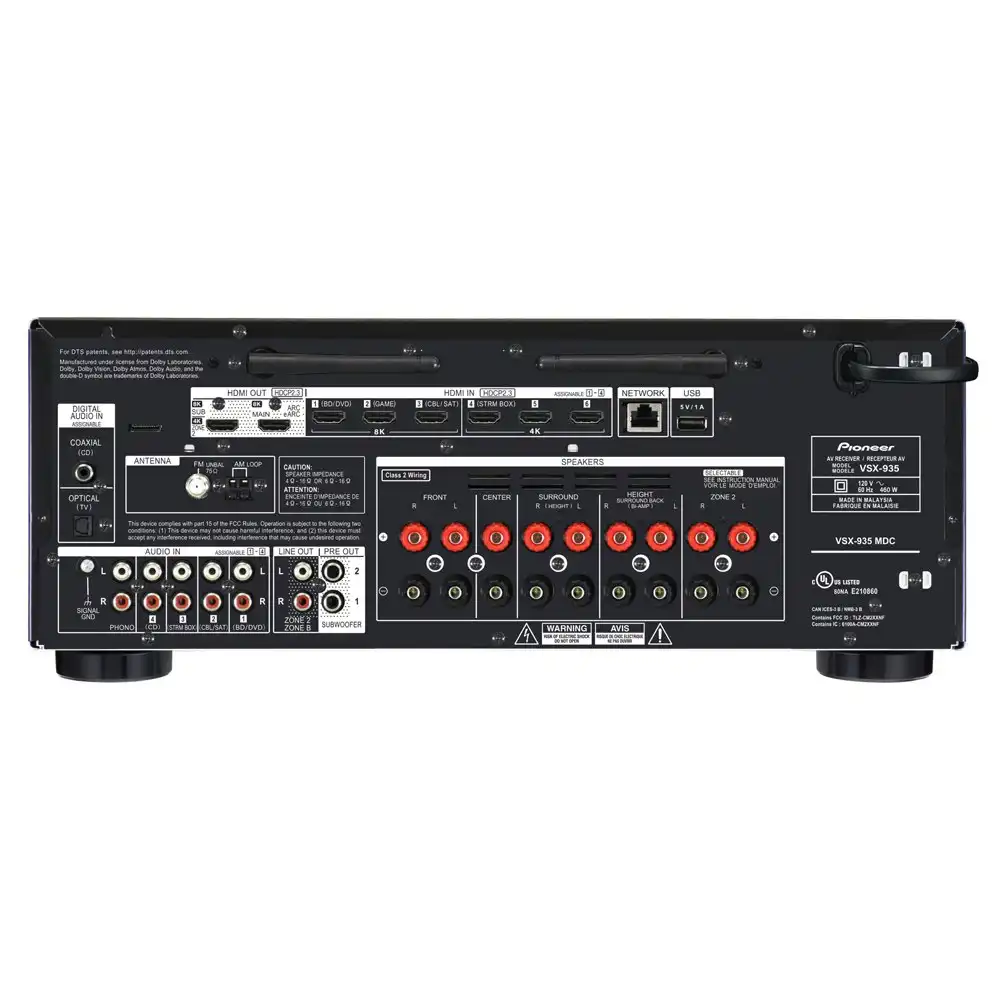 Pioneer VSX-935 Bluetooth AV Receiver 7.2-Channel 8K UHD HDMI/USB Dolby Atmos BK