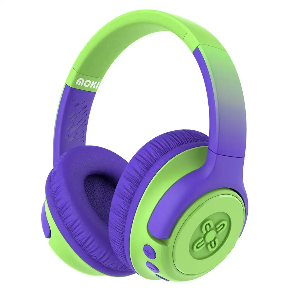 Moki Mixi Kids Volume Limited Wireless/Bluetooth 3.5mm Headphones Green Purple