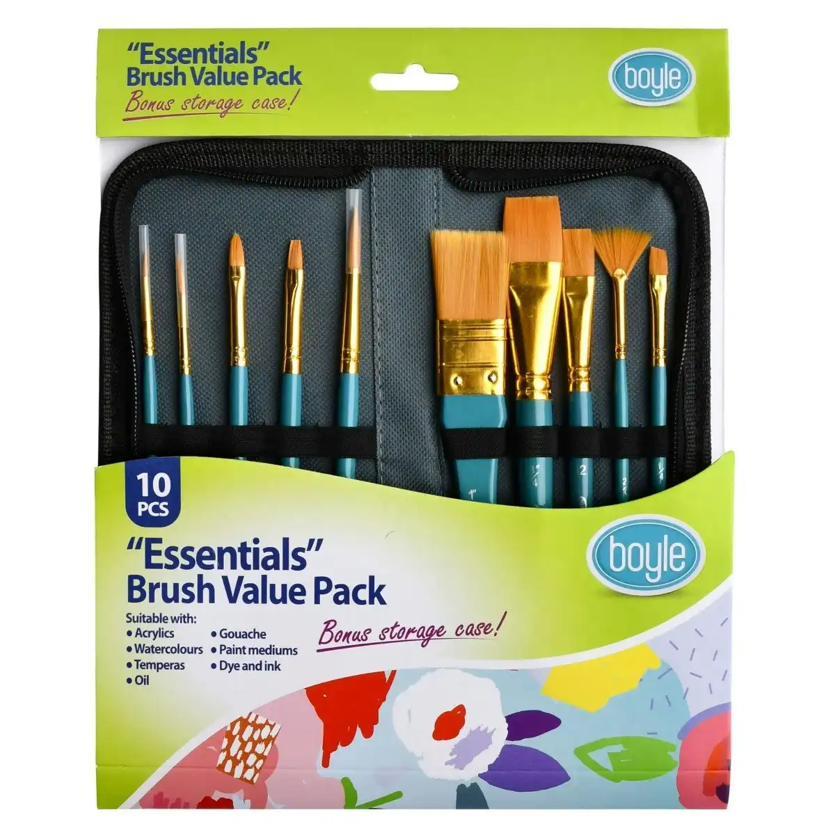 10pc Boyle Essentials Craft Paint Brush w/ Storage Case For Acrylic/Watercolour