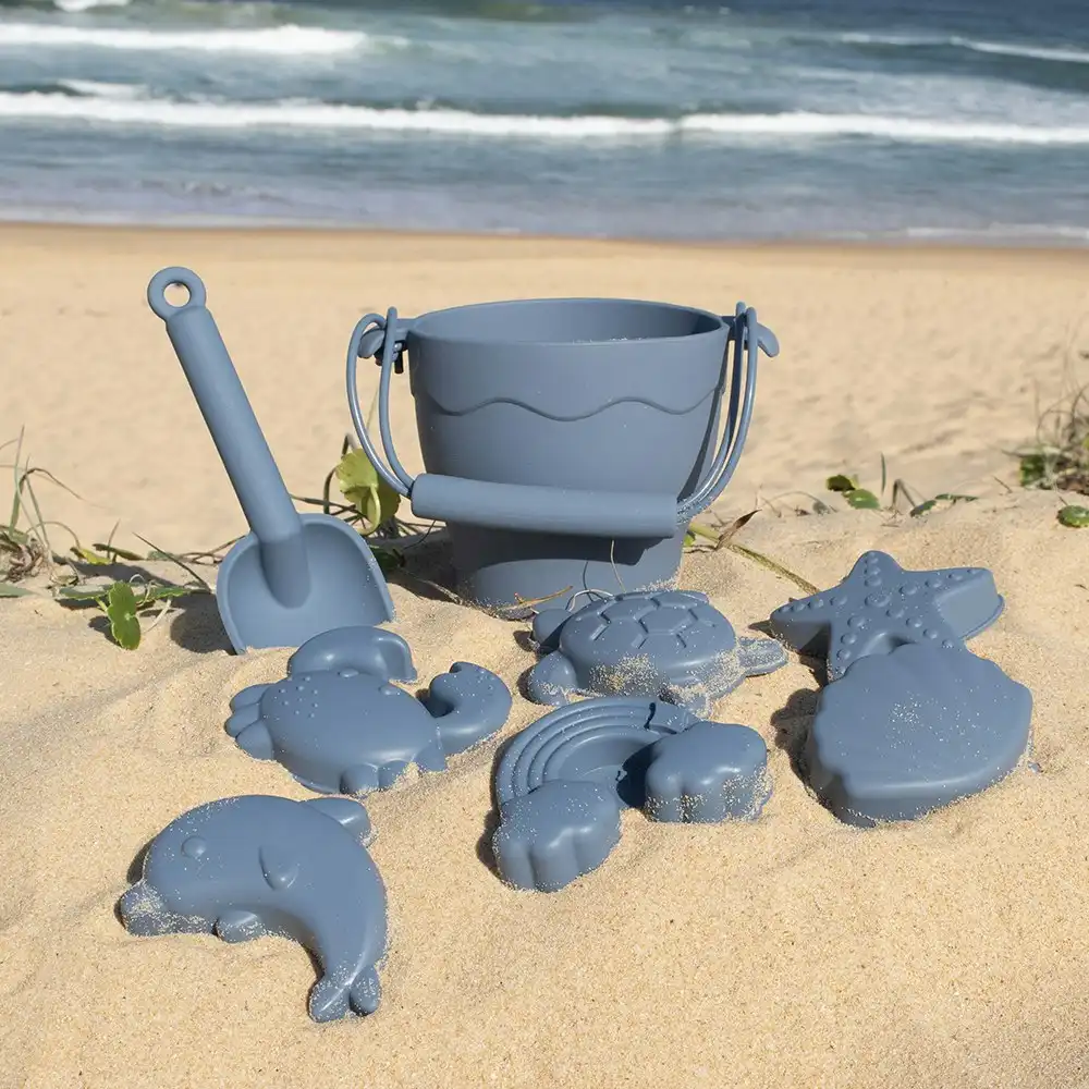 8pc Playground Silicone Bucket & Spade Set Steel Beach Kids Outdoor Toy Blue