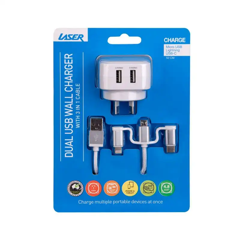 Laser 24W Dual 2.4 A USB Fast Wall Charger with 3 in 1 Charging Cable White