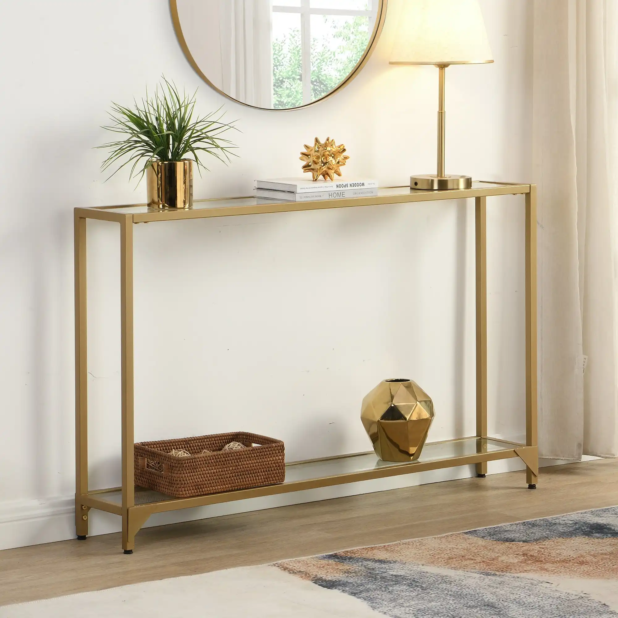 HLIVING 2 Tier Glass Couch Table, 120cm Long Modern Entryway Table, Tempered Glass Table, Gold Finish