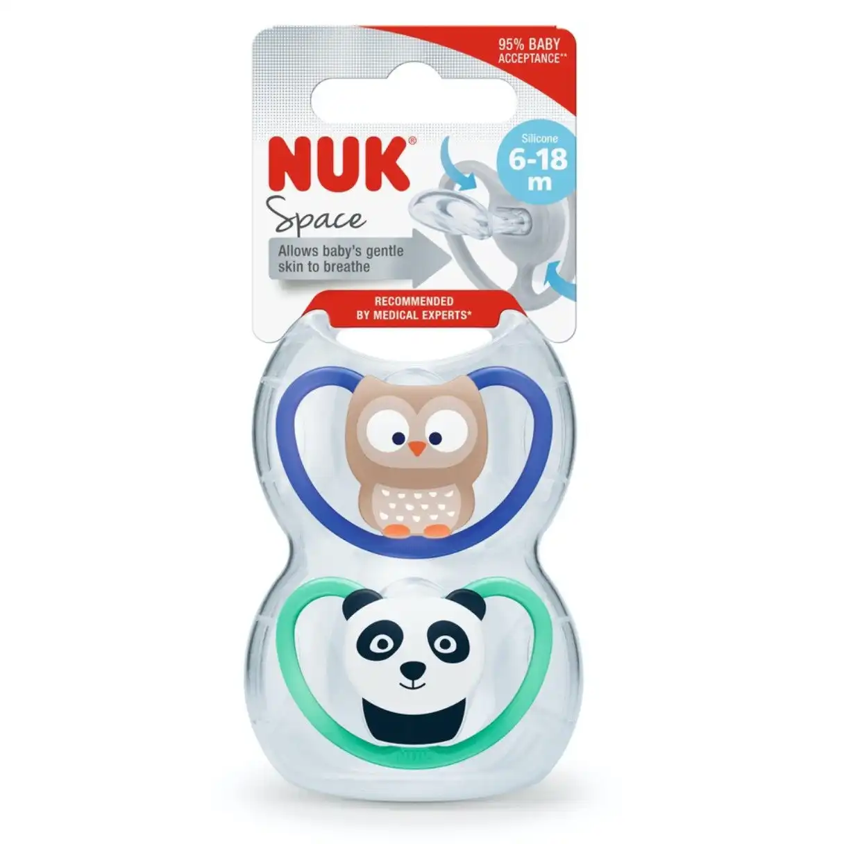 NUK Space Baby Dummy 6-18m, With Extra Ventilation, BPA-Free Silicone, 2 Pack - Assorted