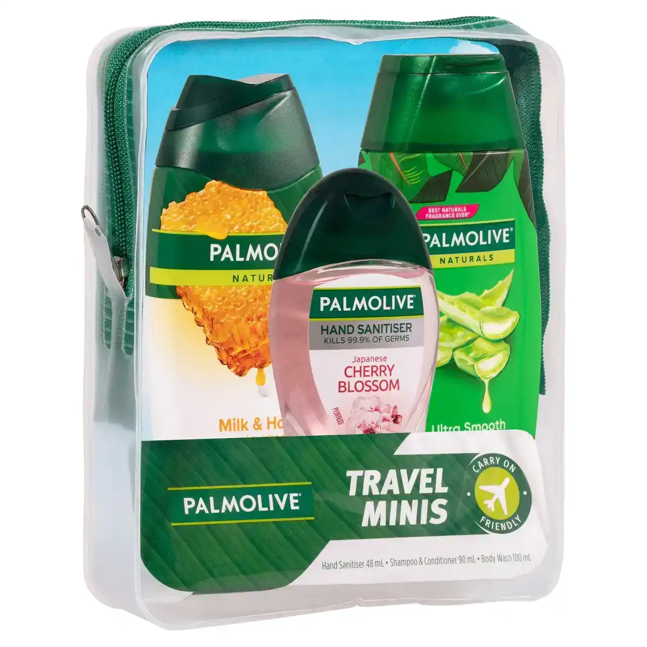 Palmolive Travel Minis Pack, Antibacterial Hand Sanitiser 48mL, Hair Shampoo & Conditioner 90mL, Body Wash 100mL