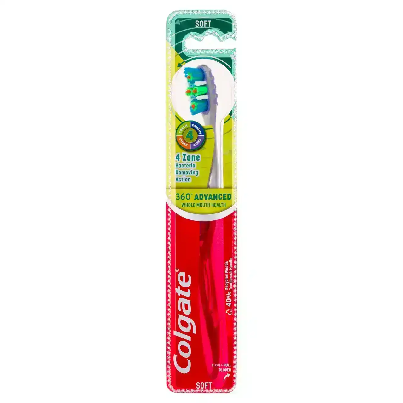 Colgate 360o Advanced Whole Mouth Health Manual Toothbrush, 1 Pack, Soft Bristles with 4 Zone Bacteria Removing Action