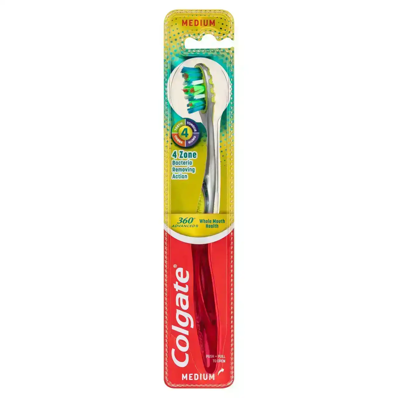 Colgate 360o Advanced Whole Mouth Health Manual Toothbrush, 1 Pack, Medium Bristles with 4 Zone Bacteria Removing Action