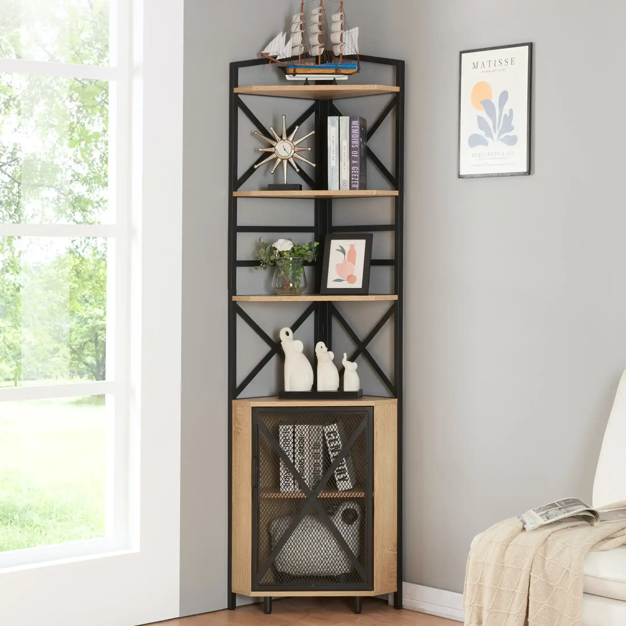 HLIVING Corner Shelf 6-Tier with Storage,Corner Bookshelf Stand Storage Rack Plant Stand，Oak Colour