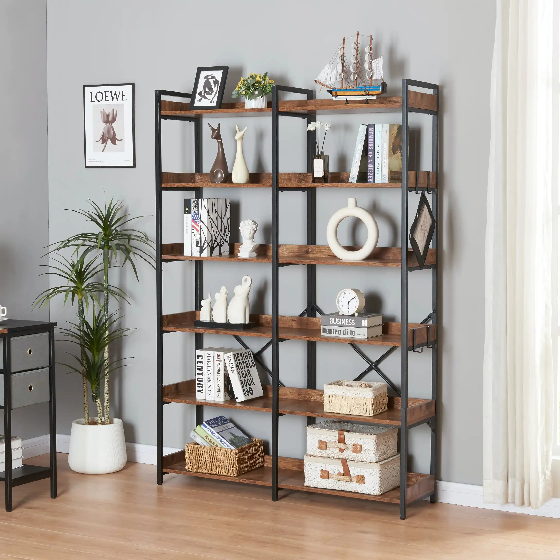HLIVING 6 Tier Bookshelf with 4 Hooks, Industrial Wooden Bookcase and Shelf,Rustic Brown
