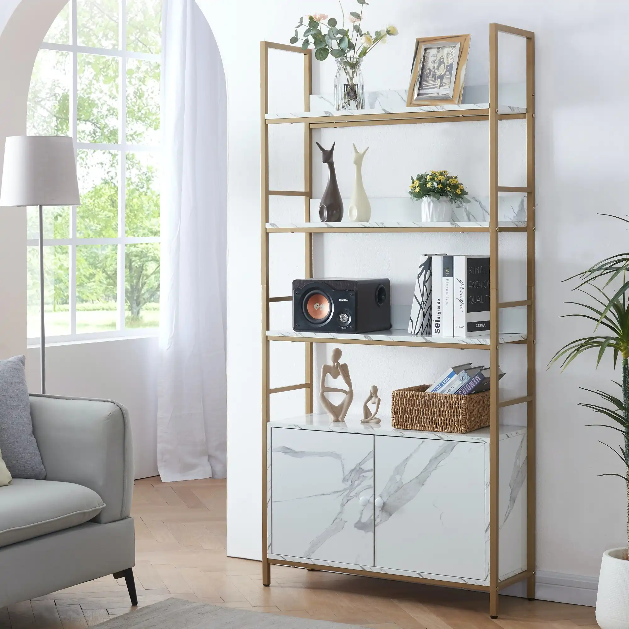 HLIVING 5 Tier Bookshelf with 2 Cabinets, Marble White Look and Gold Bookshelf with Doors,White