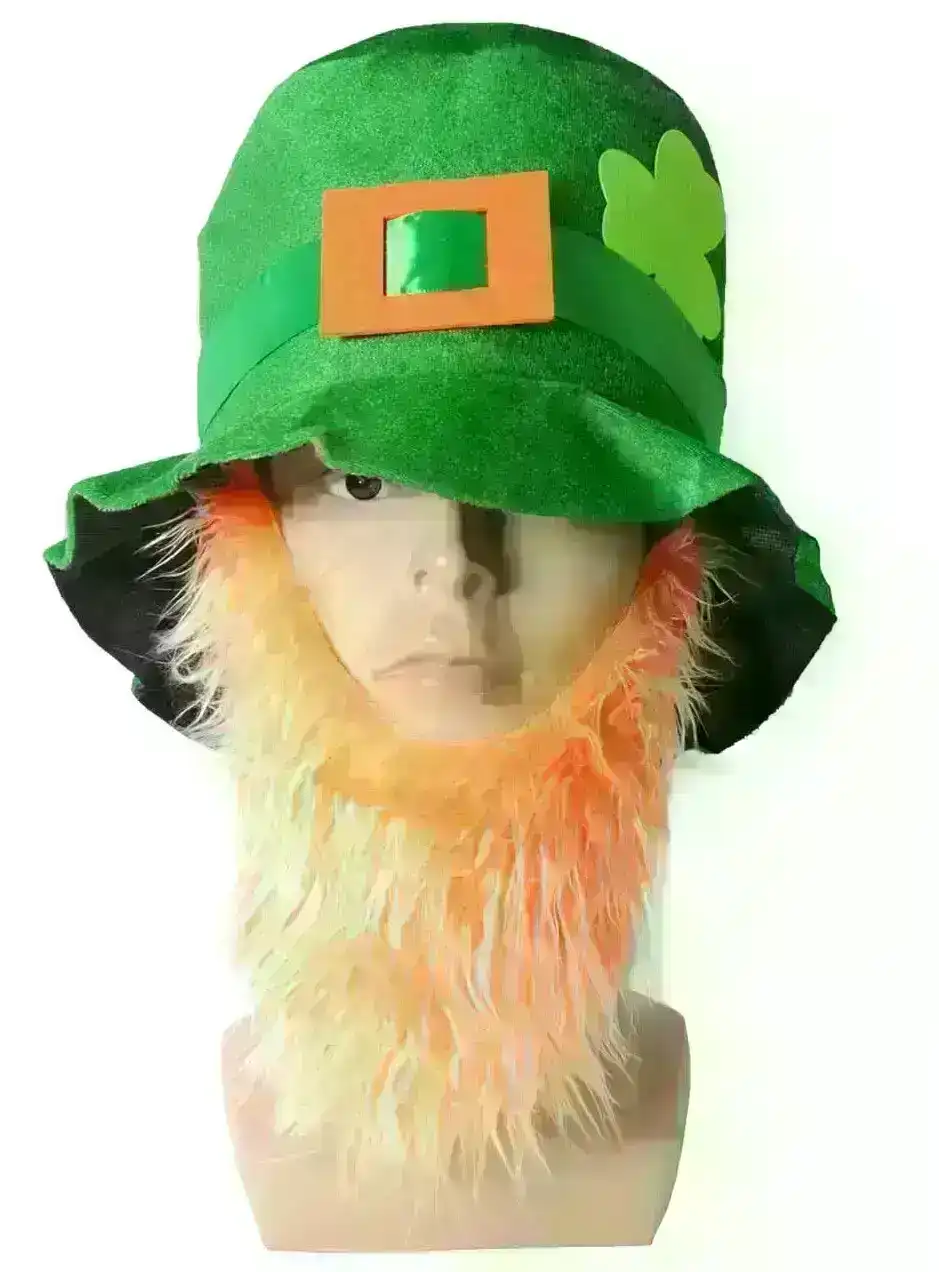 St Patricks Day Green Top Hat w/ Beard Iris Party Dress Up Ireland Halloween Cap