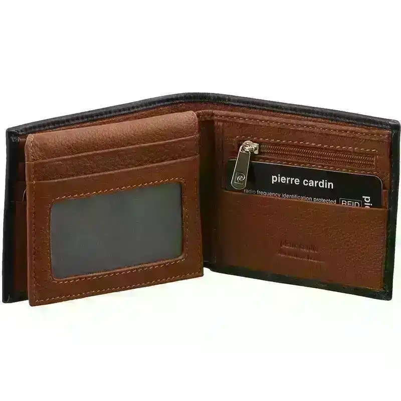 Pierre Cardin Italian Leather Mens Two Tone Bi-Fold Wallet - Black/Cognac