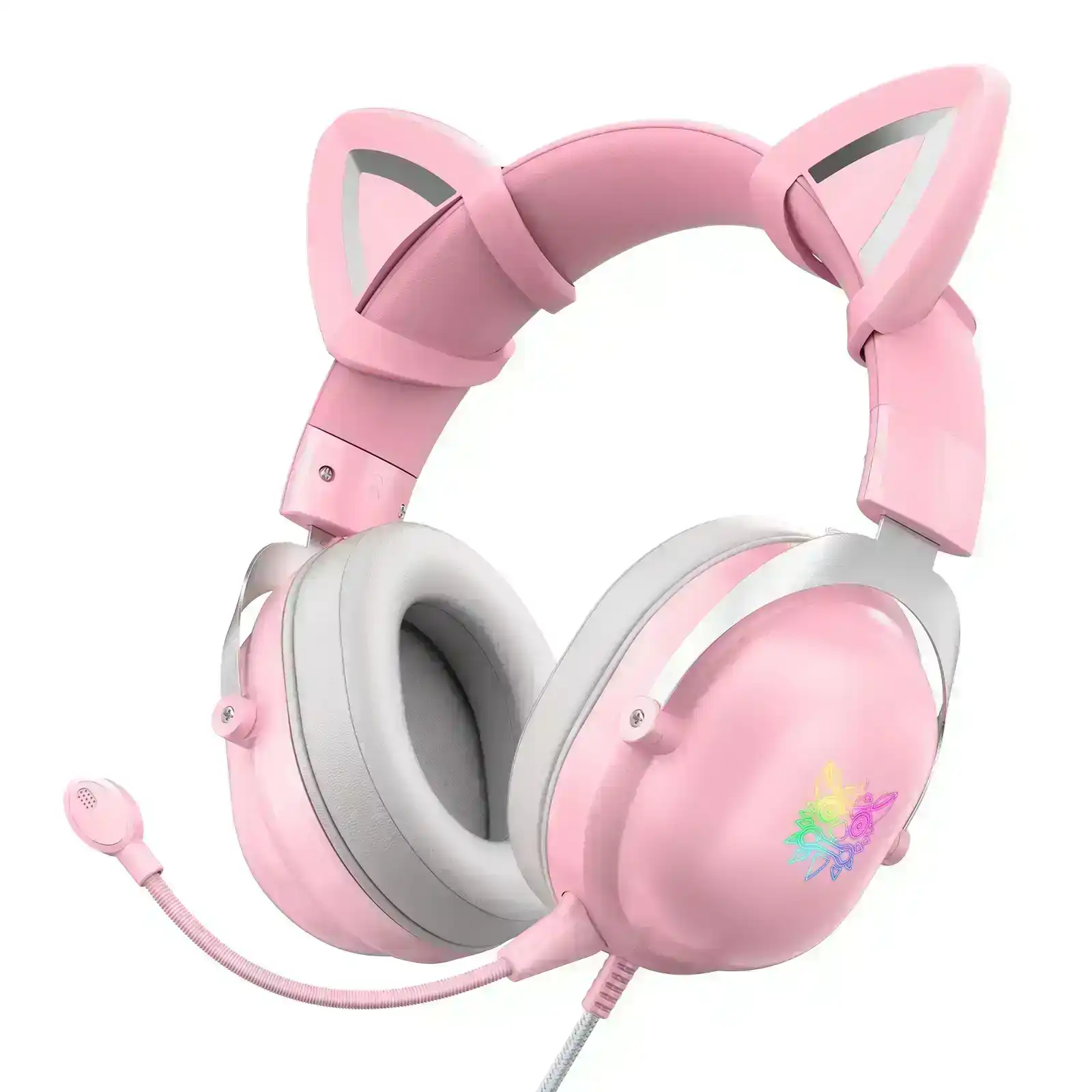 Onikuma X11 Cat Ear Headset 3.5mm Jack 50mm Sound Unit RGB Light Gaming Headphone Detachable Noise-canceling Mic for PS4 Computer PC Gamer Pink