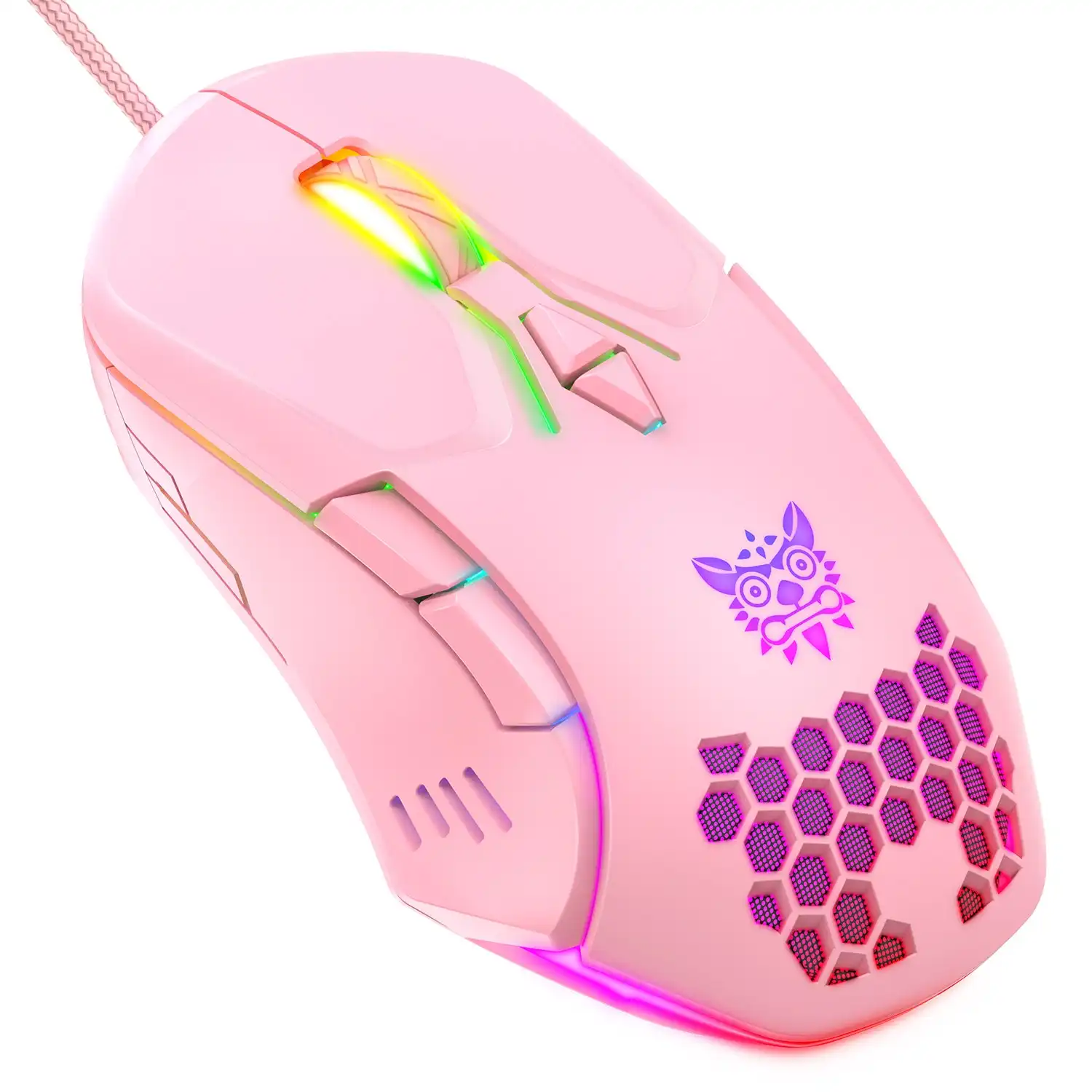 Onikuma CW902 Wired Gaming Mouse 6400DPI RGB Backlight Computer Mouse Hollow Honeycomb Mice PINK